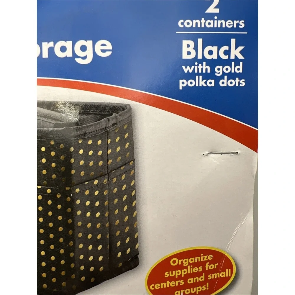 2 Carson Dellosa Tabletop Storage Bins Cubby Baskets Black With Gold‎ Polka Dots